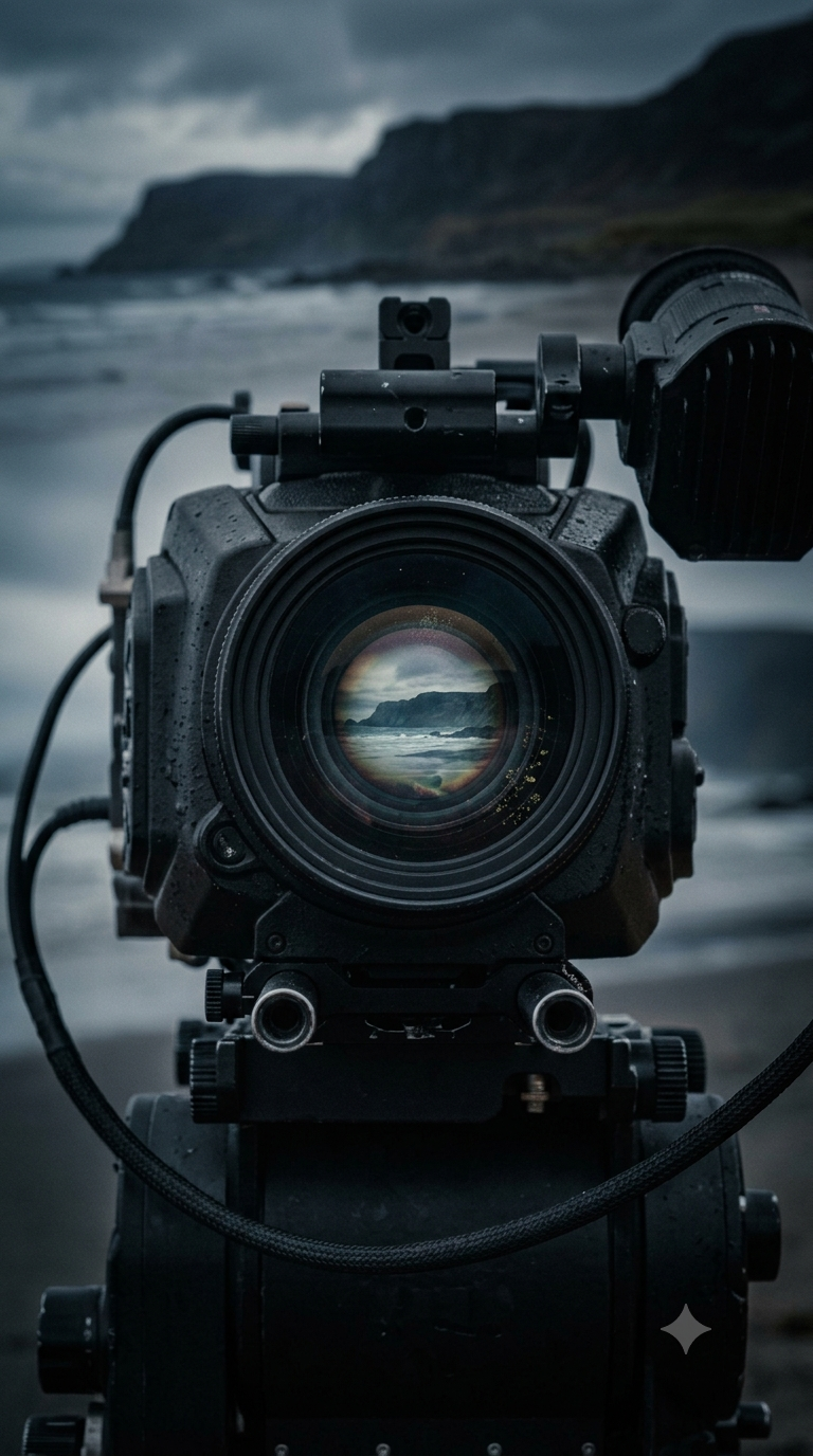 A camera set up on a tripod captures a seaside landscape with cliffs and ocean waves, reflected in the camera lens.