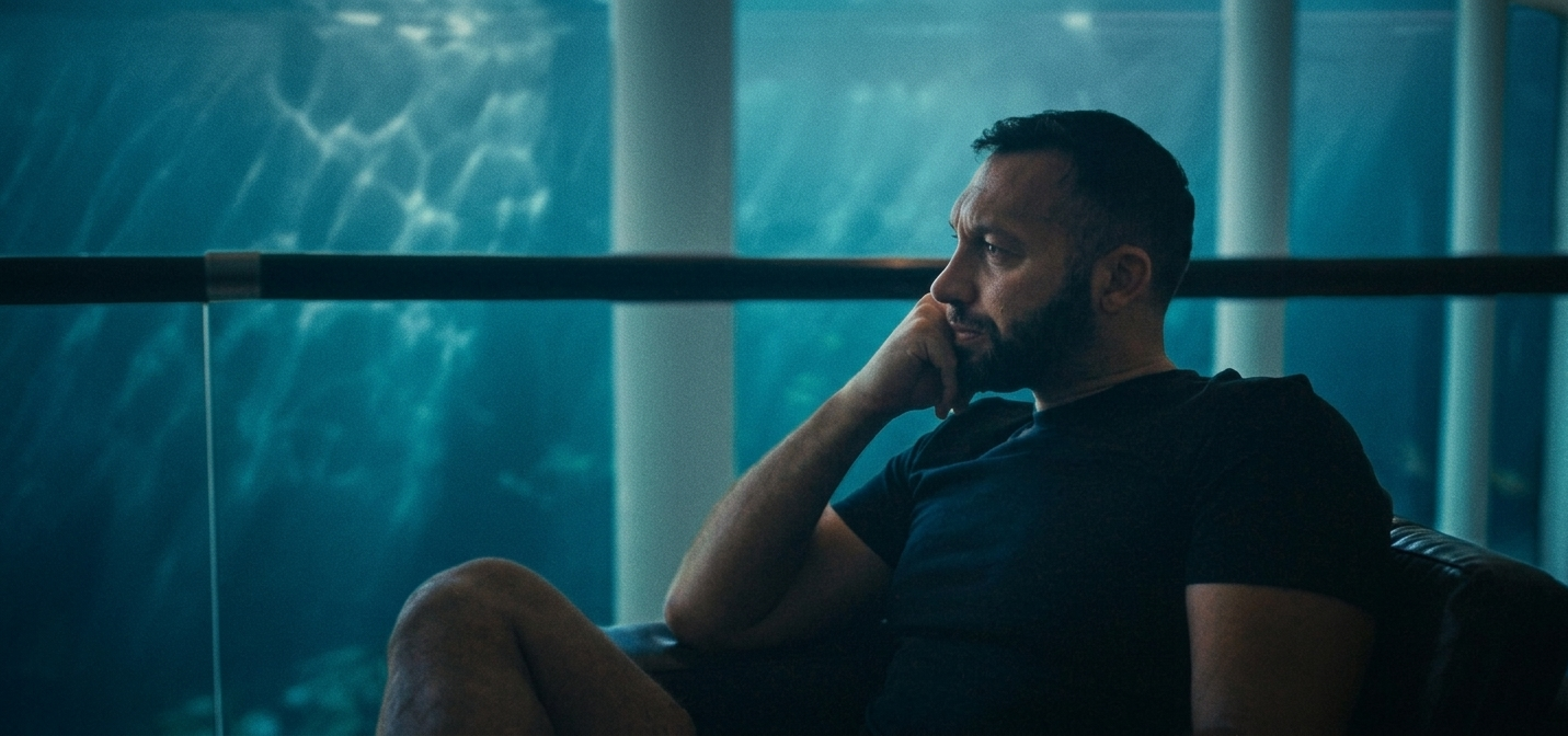 A man sitting on a black sofa, resting his head on his hand, staring pensively into the distance in a dimly lit modern interior with blue-toned walls and large windows.