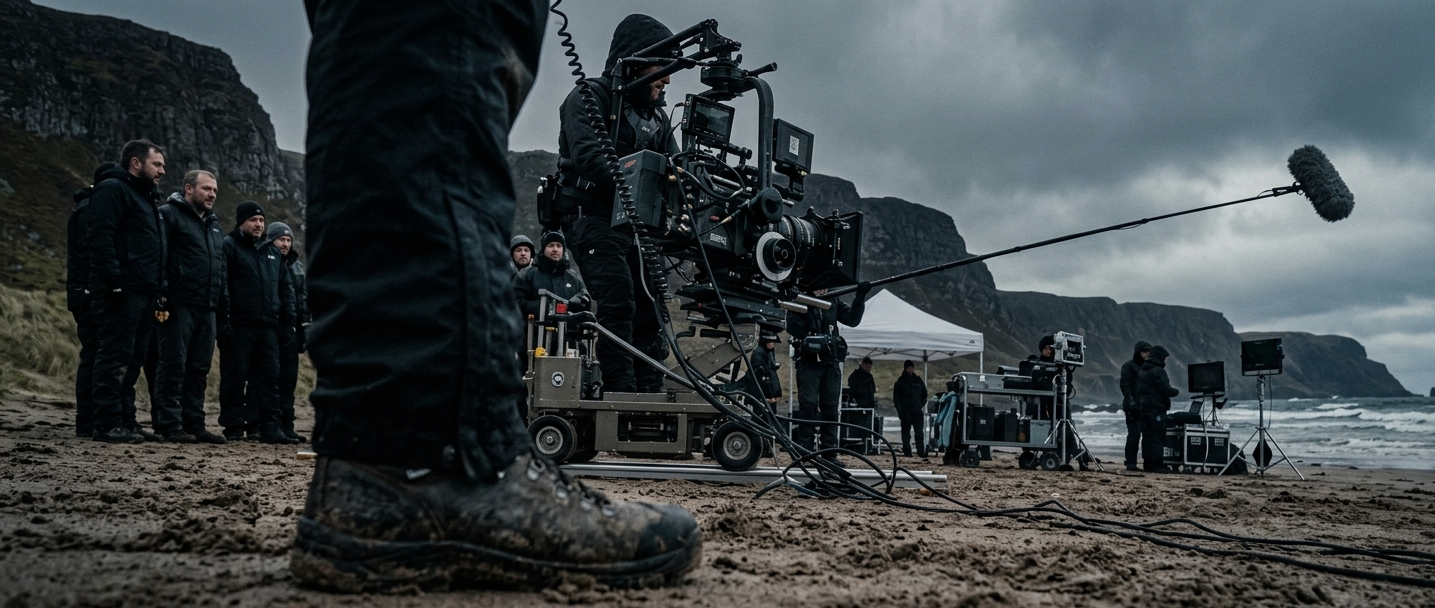 Filming crew sets up filming equipment on a beach with a mountain background on a cloudy day.
