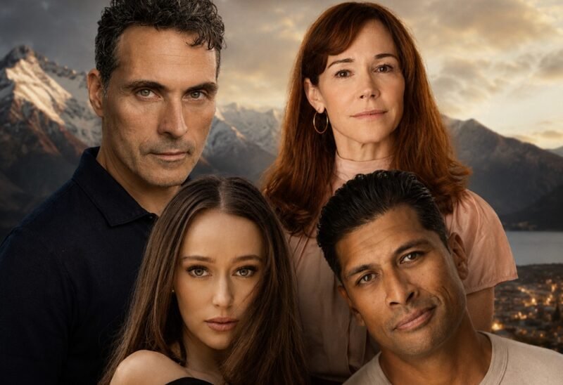 A group of four diverse people posing outdoors with mountainous landscape and sunset behind them.