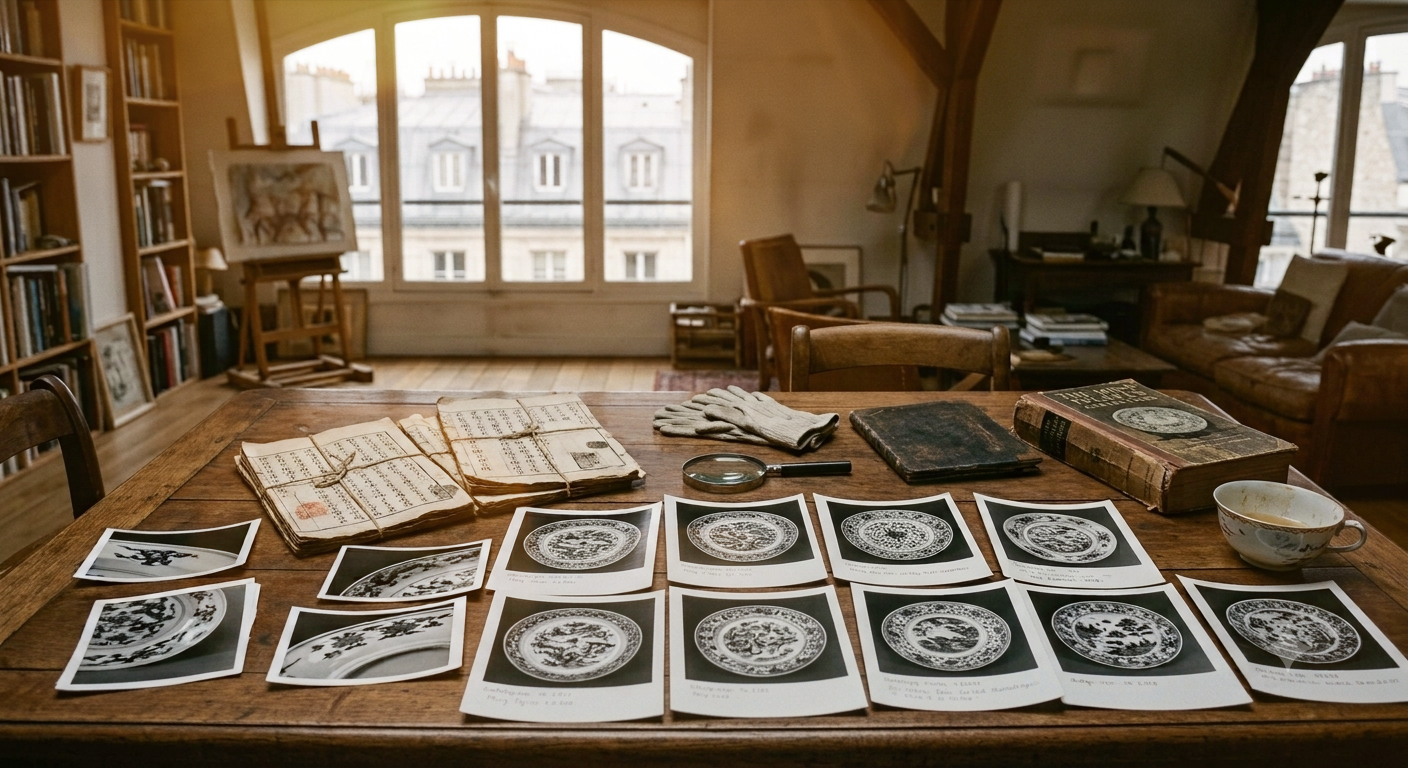 A wooden table covered with black and white photographs of decorative plates, old books, papers, a magnifying glass, a pair of gloves, and a bowl inside a cozy room with large windows.