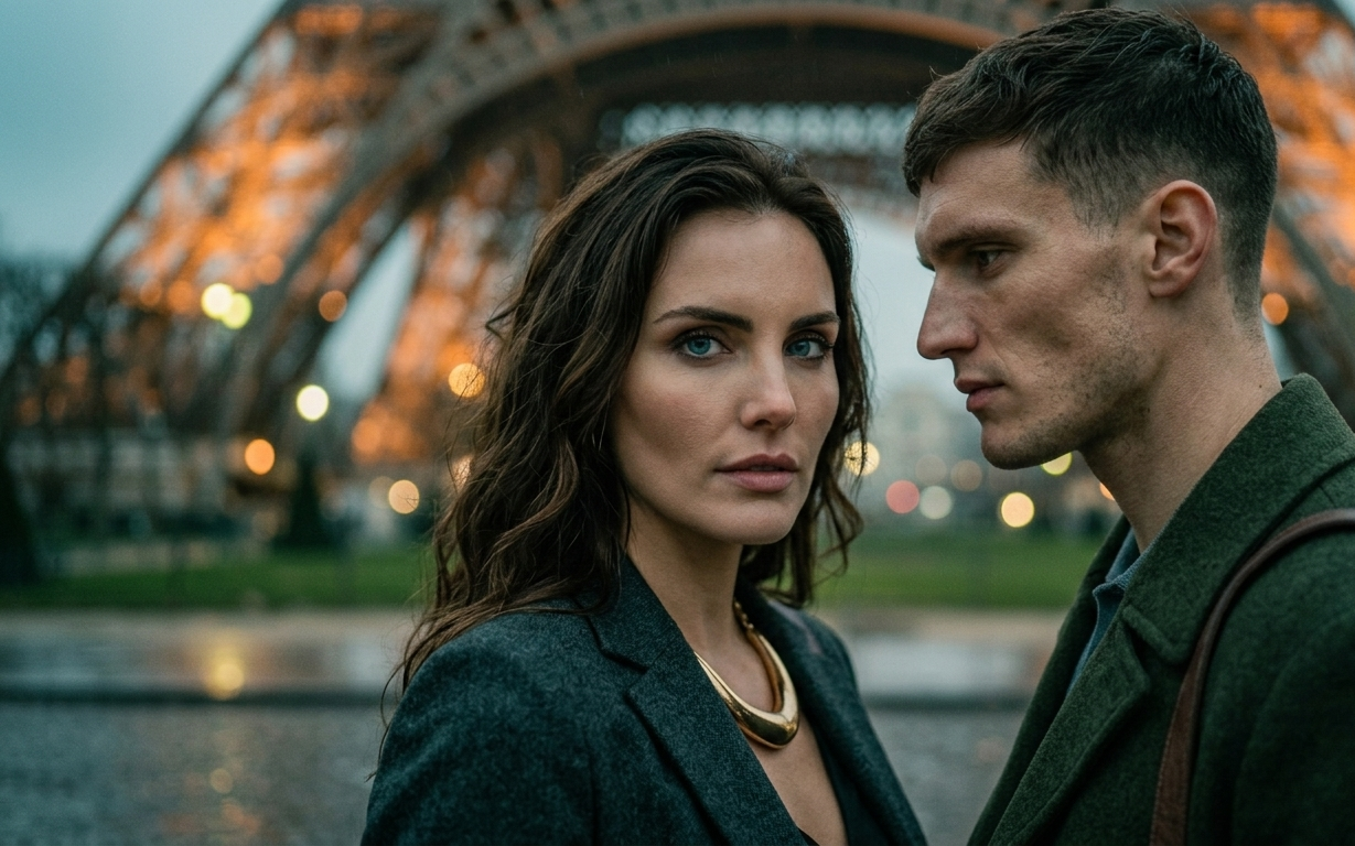 A man and woman standing close together outdoors with the Eiffel Tower in the background during evening.
