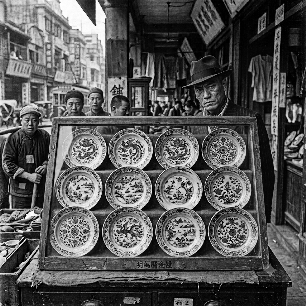 A street market scene in black and white showing a man in a hat standing behind a display of decorative Chinese porcelain plates with dragons, floral patterns, and scenic landscapes, with other vendors and pedestrians in the background.