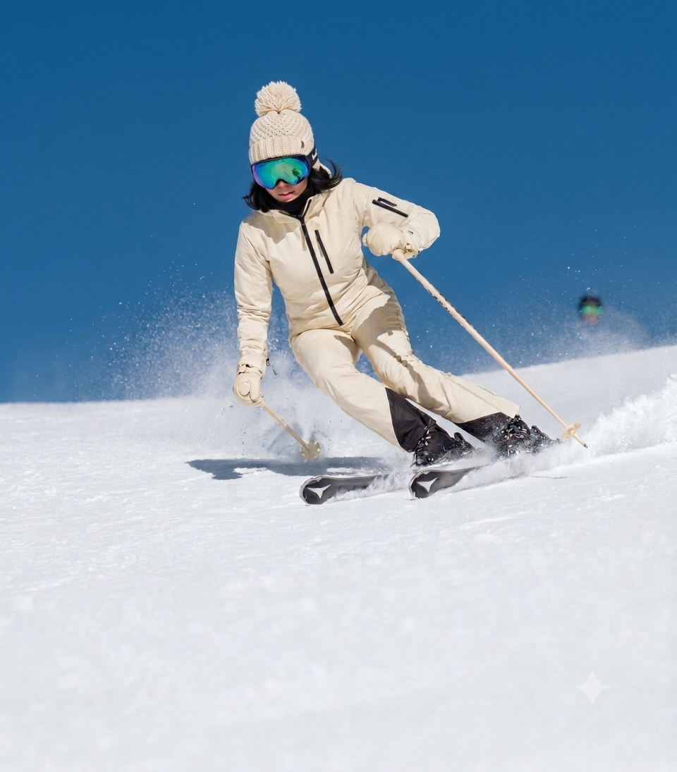 Person skiing in white winter clothing, wearing a knit hat with a pom-pom, goggles, and gloves on a snowy slope under a clear blue sky.