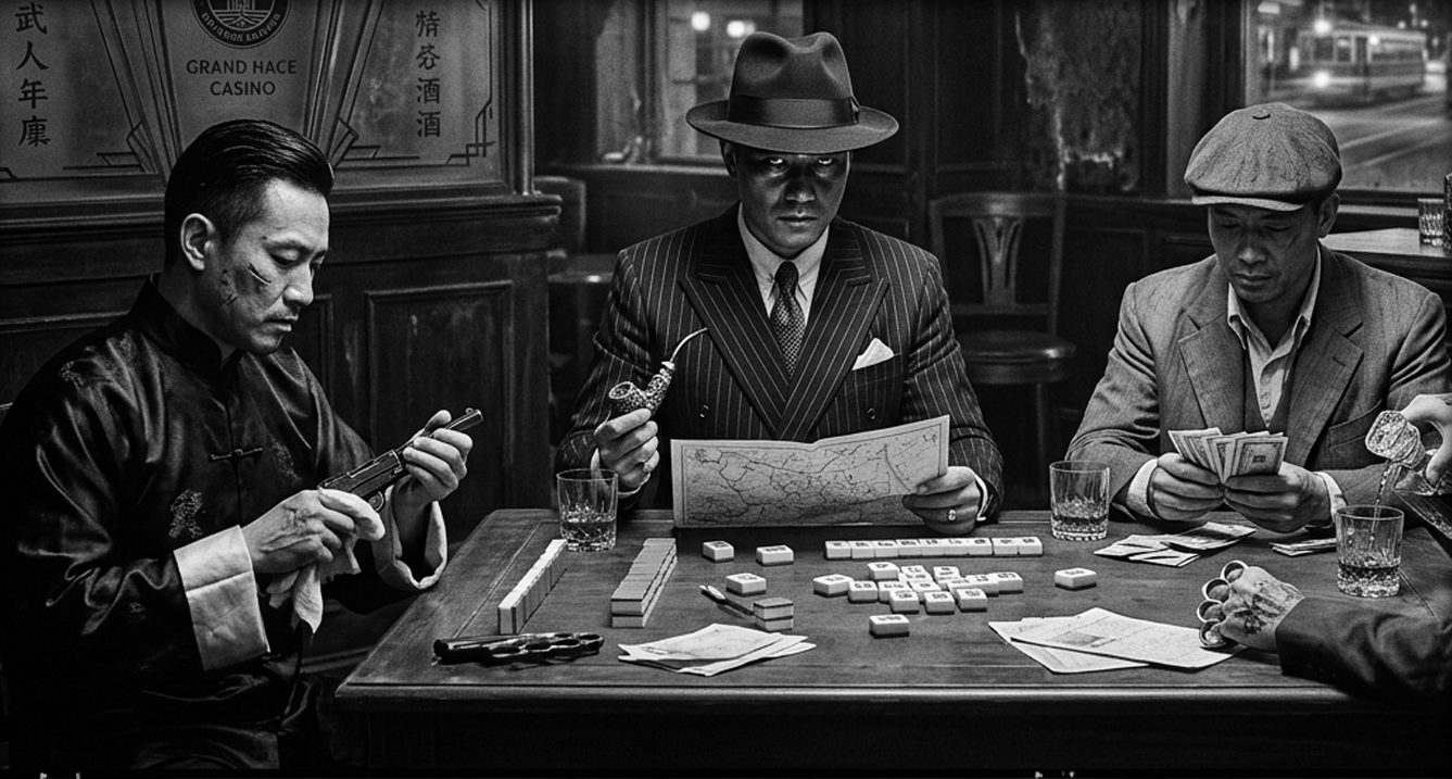 Four men sitting around a table playing mahjong, one with a pipe, one with a gun, and others holding money, in a vintage setting.