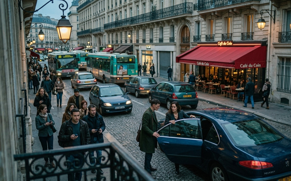 A busy city street with pedestrians, cars, and buses, outside a café named 'Café du Coin' with outdoor seating and a red awning, likely in Paris.