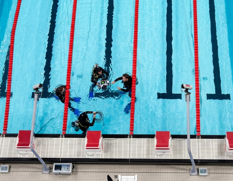 Swimmers in a swimming pool with four people in wetsuits and diving gear, engaged in a training session or discussion, surrounded by lane dividers and pool equipment.
