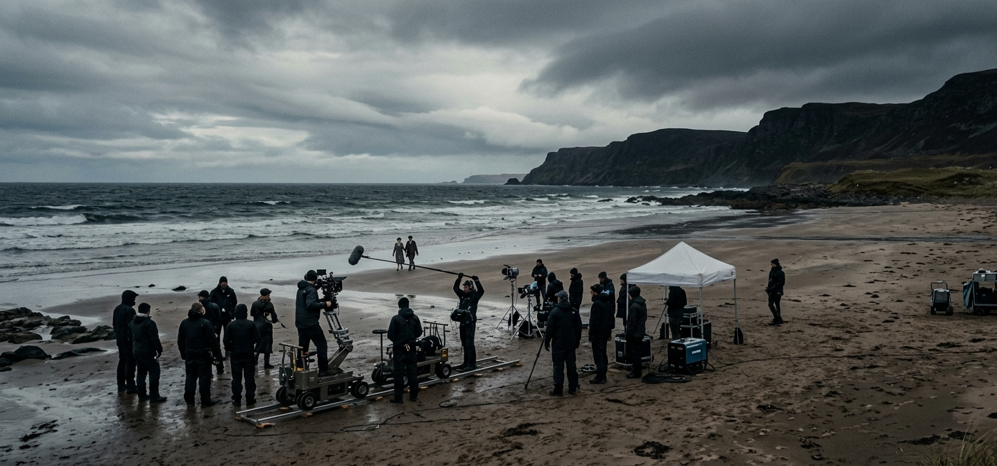 Film crew setting up equipment on a beach with rocky cliffs and overcast sky in the background, preparing for a shoot.