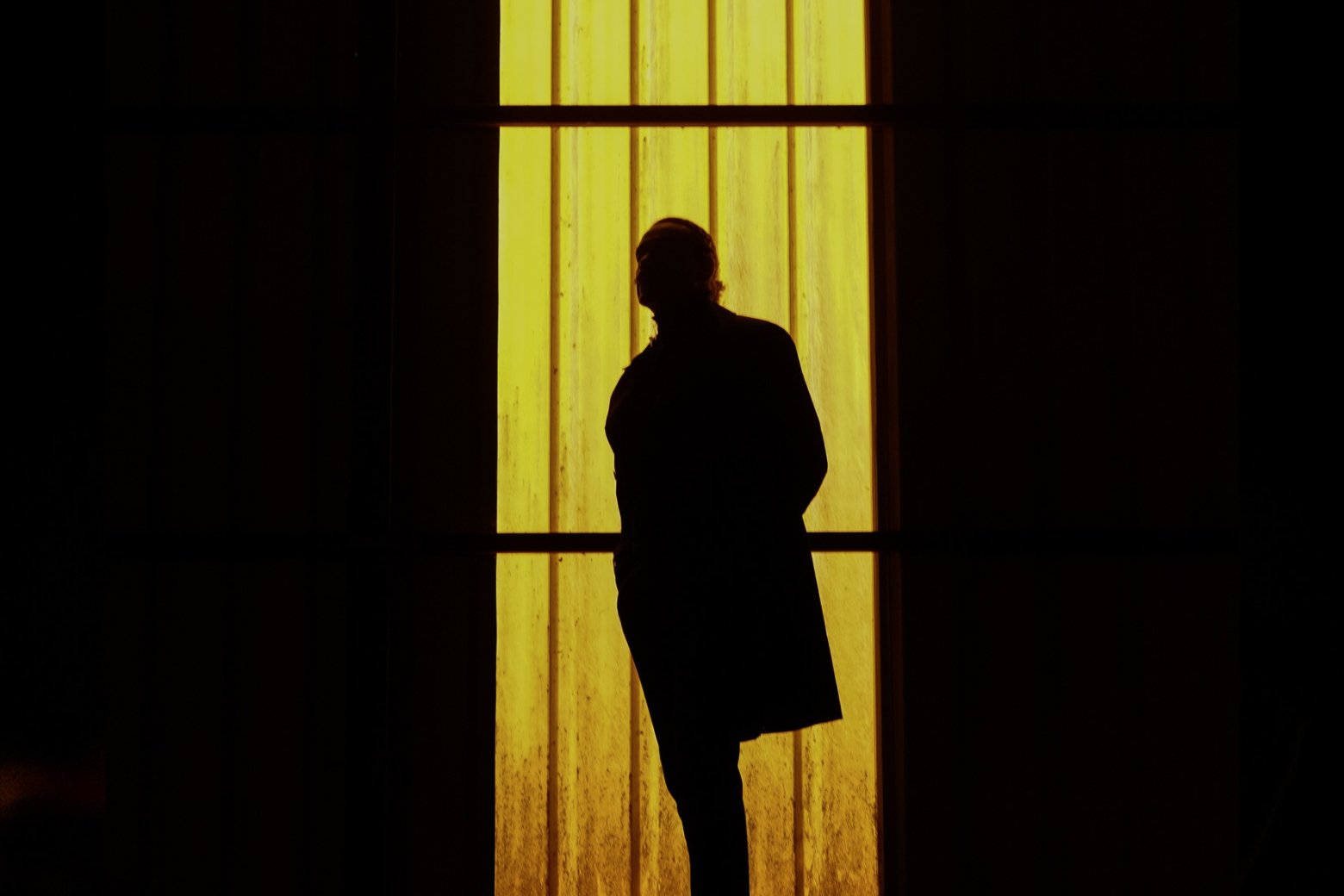 Silhouette of a person standing in front of a yellow-lit window or panel.