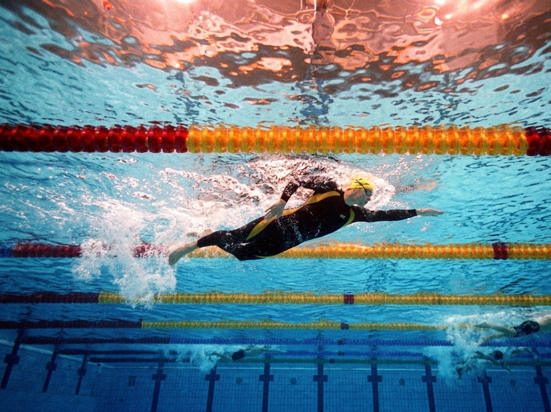 Swimmer in a black and yellow swimsuit swimming freestyle in an indoor swimming pool.