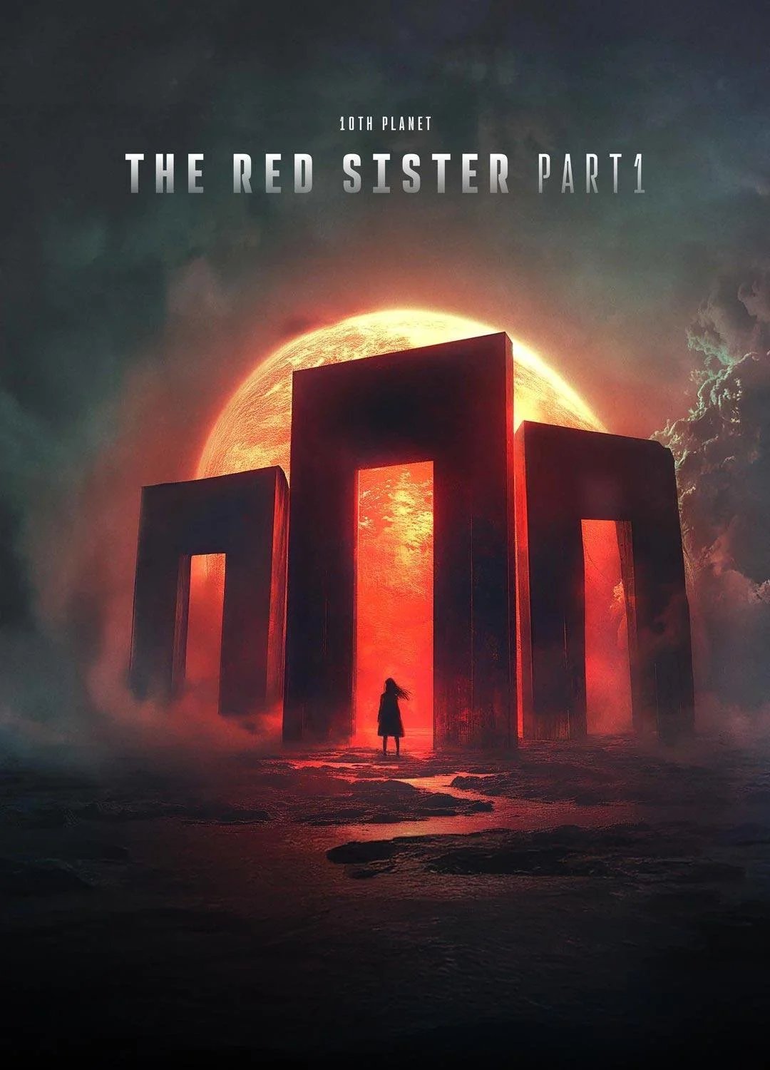 A science fiction scene with a silhouette of a person standing in front of a large, glowing red gate with a sunset or planet in the background, titled 'The Red Sister Part 1'.