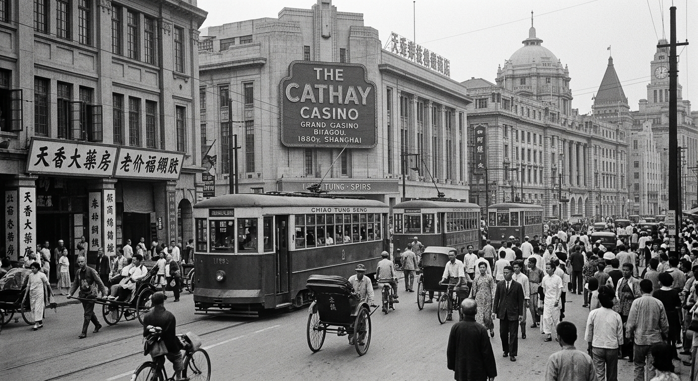 A busy street scene in Shanghai in black and white, featuring vintage trams, rickshaws, bicycles, and pedestrians with historic European-style buildings in the background. Signage indicates the Cathay Casino and Chinese characters are visible.