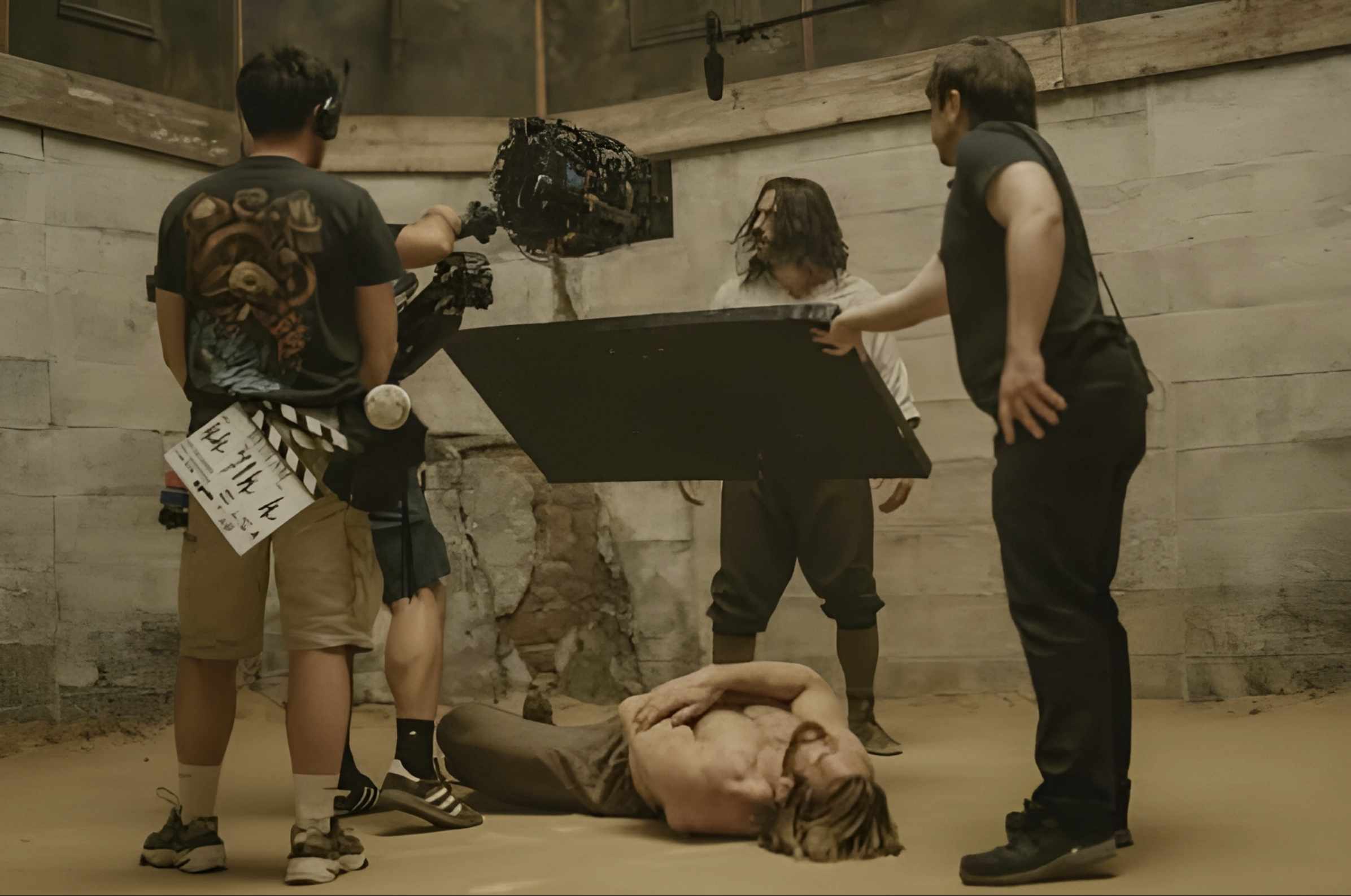 Filmmakers filming a scene on a set with a rustic background.