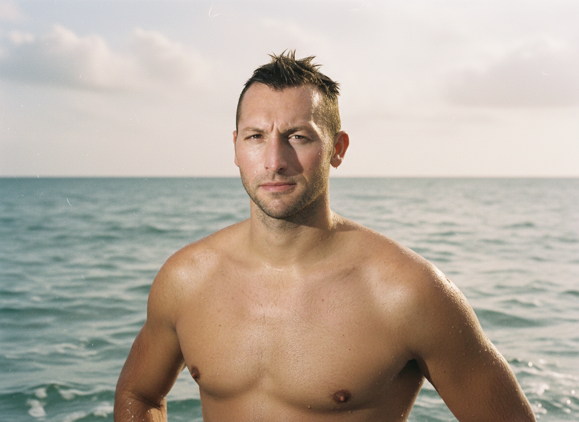 A topless man with short, spiked hair standing in the ocean, looking at the camera against a cloudy sky.