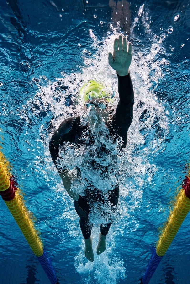 A swimmer underwater in a swimming pool, reaching upward with one hand, wearing goggles and a swim cap.