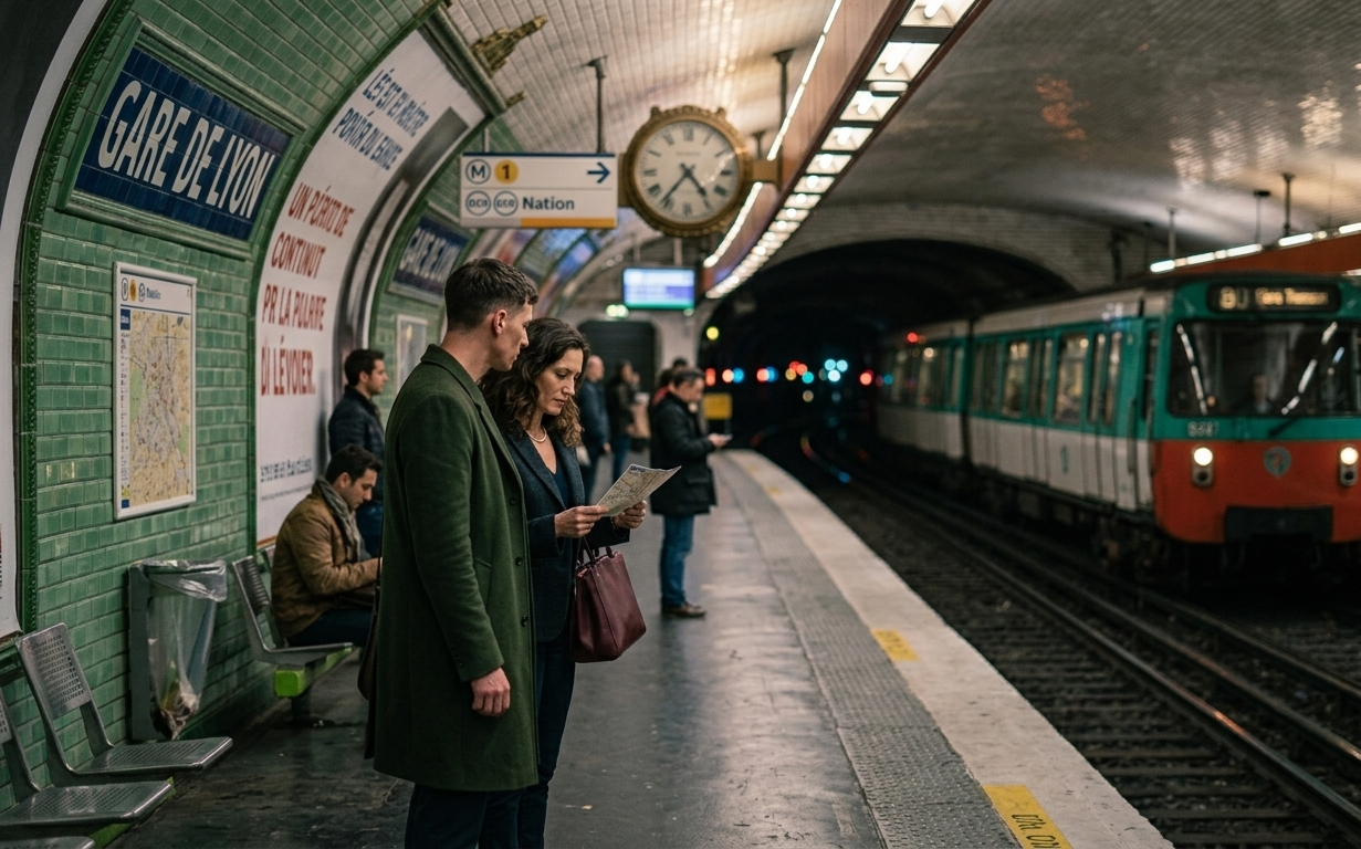 People waiting on a subway platform, some reading a map, with a train arriving or departing in the background, and a clock overhead showing the time.