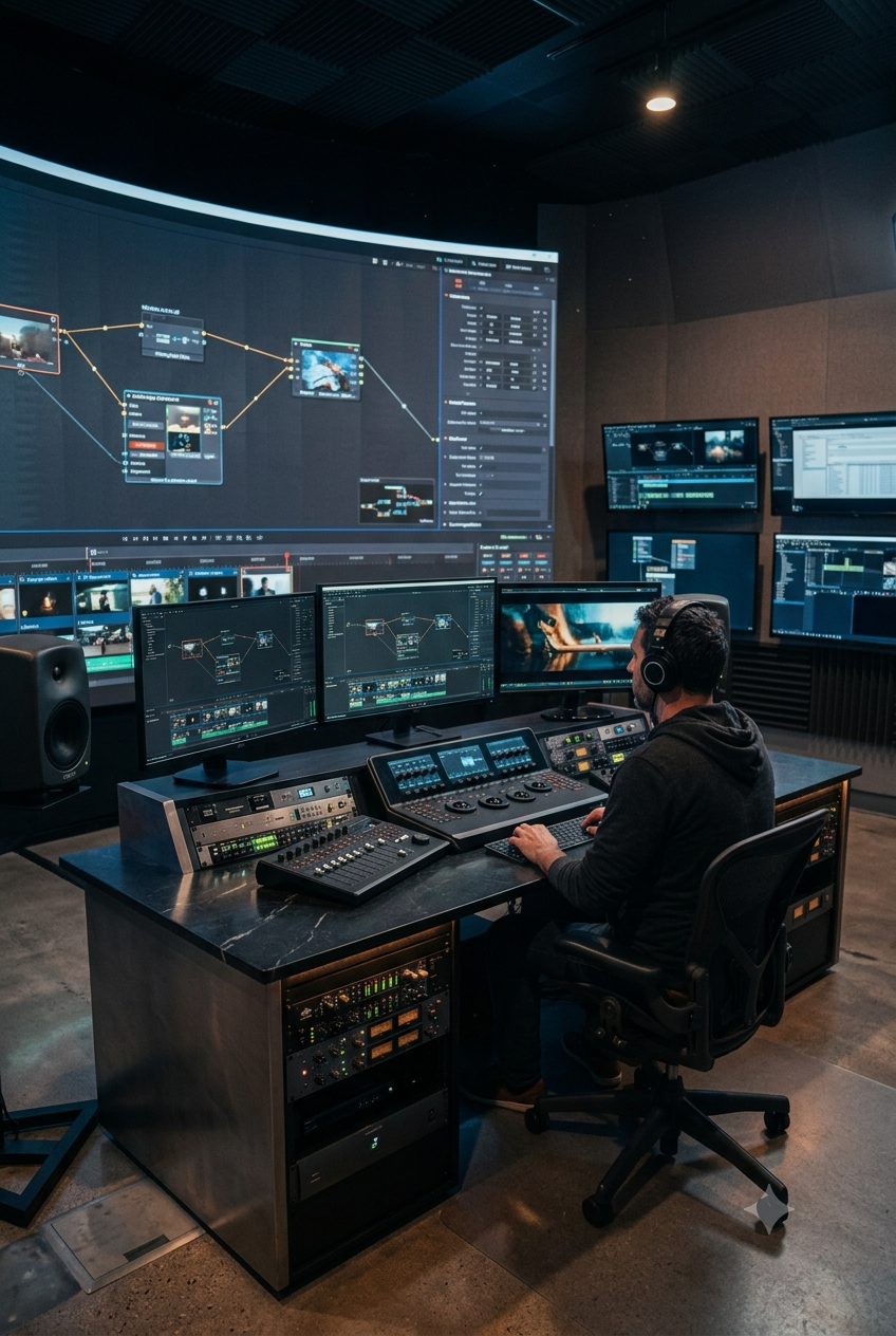 A man working in a video editing studio, sitting at a desk with multiple monitors, audio equipment, and a large screen displaying video editing software and animated workflows.