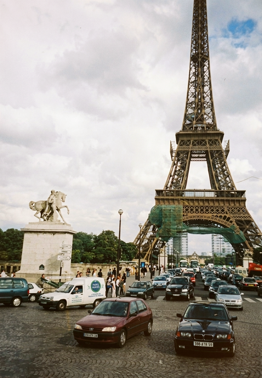 The Eiffel Tower in Paris, France, with cars and pedestrians in the foreground, and a statue of a man on a horse nearby.