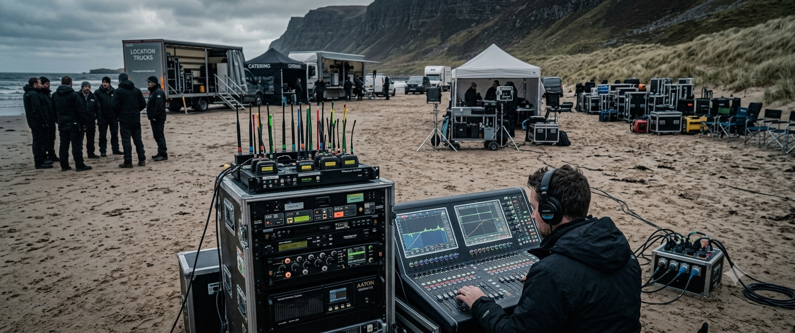 A film crew is set up on a beach with a coastal backdrop. Someone is operating an audio and visuals control board, wearing headphones, with various equipment and trucks in the background, and a group of people standing and talking nearby.