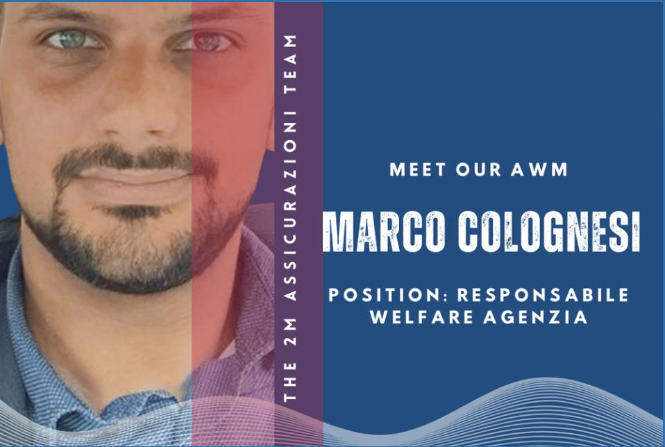 Immagine di un uomo con barba e capelli corti, con un fondale blu e testo che presenta Marco Colognesi come responsabile di welfare presso un'agenzia, e invita a conoscere le nostre squadre assicurative.