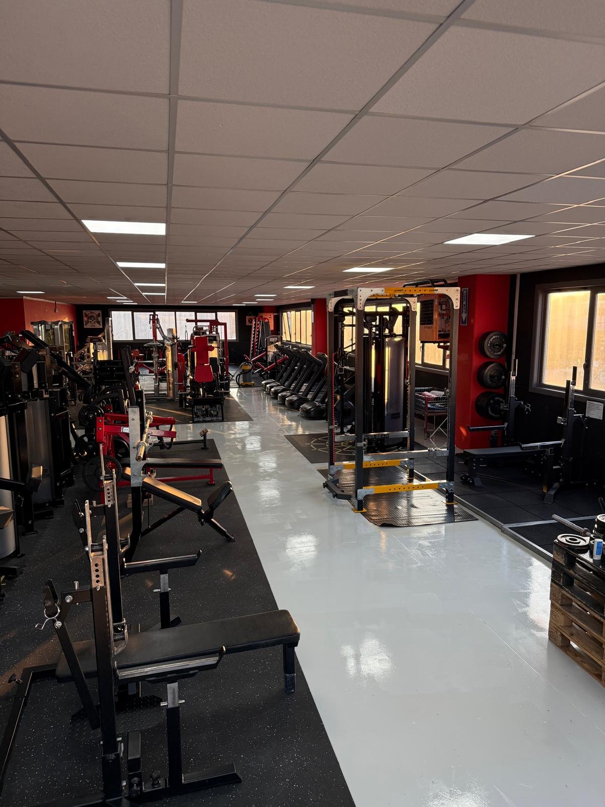 Sala palestra con attrezzature per allenamento muscolare e cardio, pareti rosse e grandi finestre