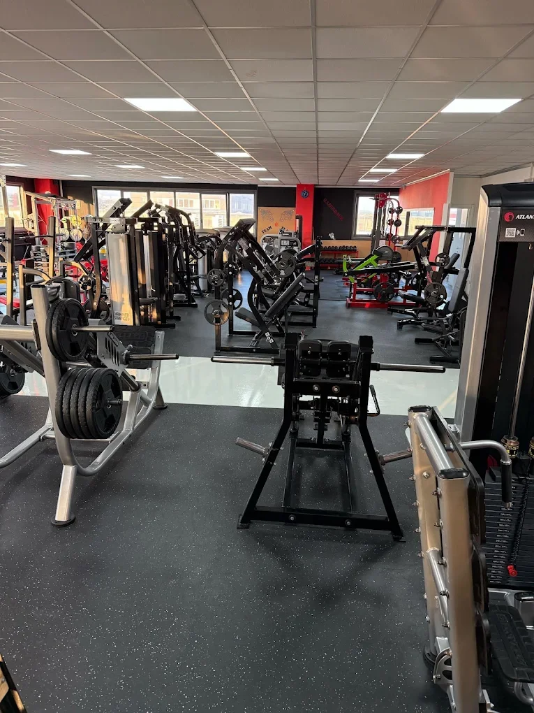 Palestra con attrezzi per allenamento, come pesi, macchinari e tapis roulant in un ambiente ben illuminato.