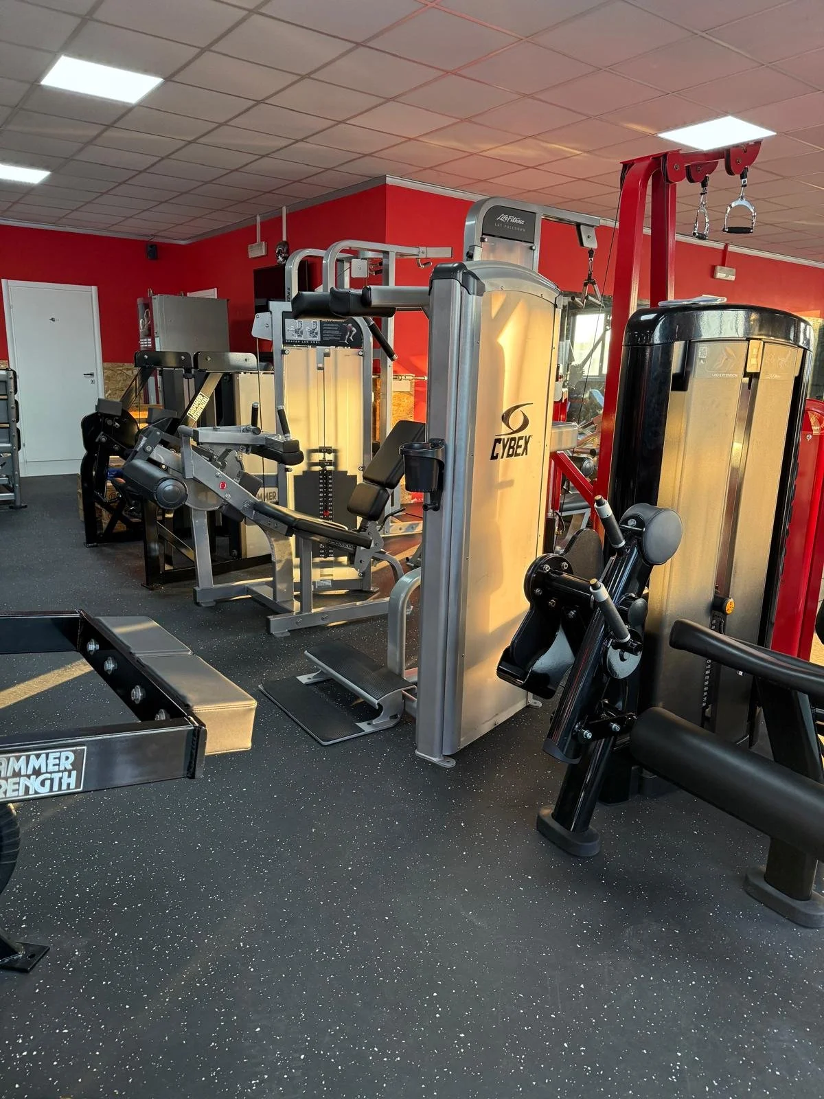 Palestra con diverse attrezzature per esercizi, tra cui cybex, attrezzi da spieristica e macchinari per cardio, con pavimento in gomma nera e pareti rosse.