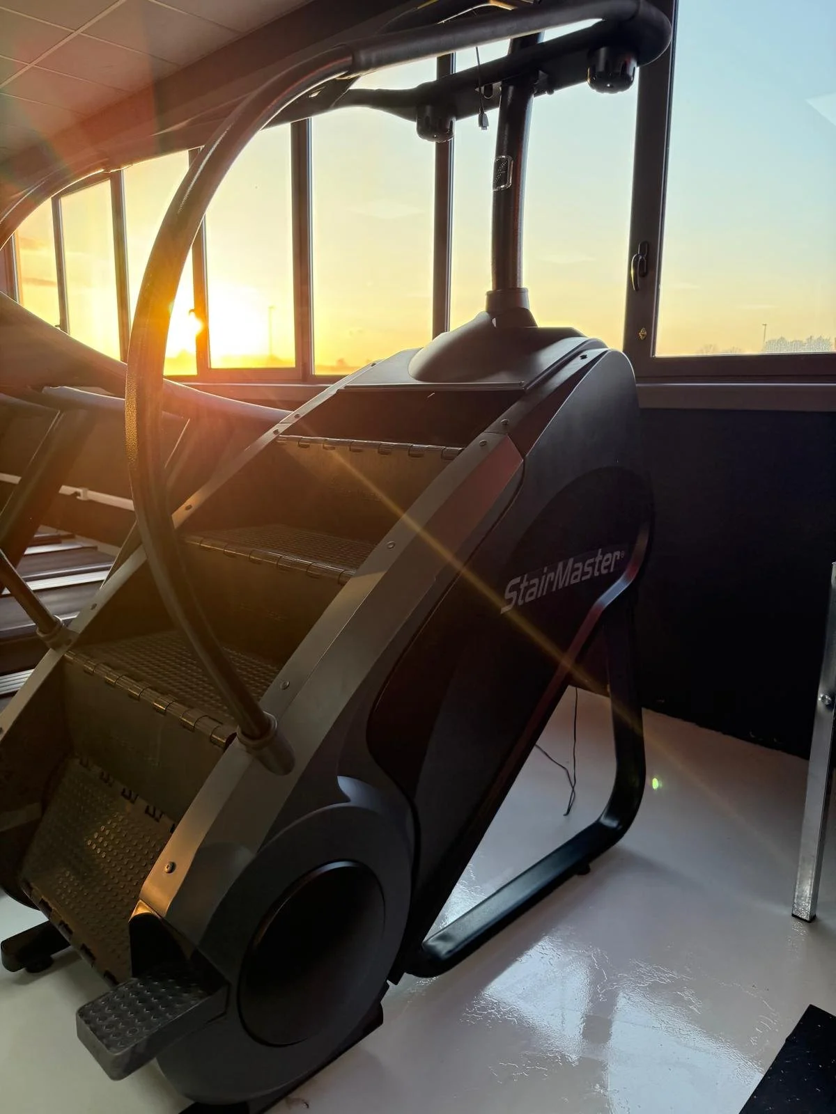Tapis roulant StairMaster con scalini e corrimano, vicino a una finestra con tramonto sullo sfondo.
