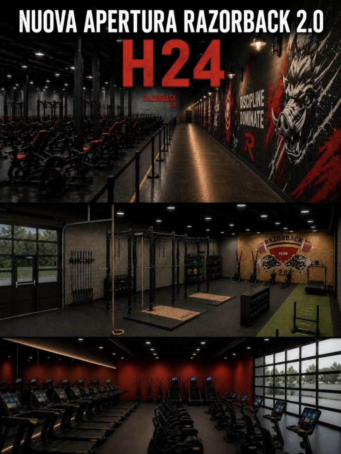 Interni di una palestra di nuova apertura Razorback 2.0, con attrezzi da sollevamento pesi, area di crossfit e tapis roulant.
