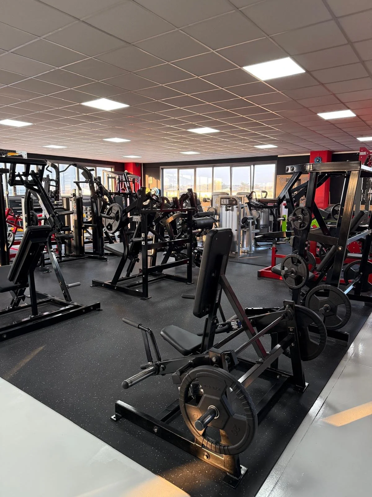 Interno di una palestra con attrezzature per allenamento come pesi, macchinari per esercizi e attrezzi per cardio.
