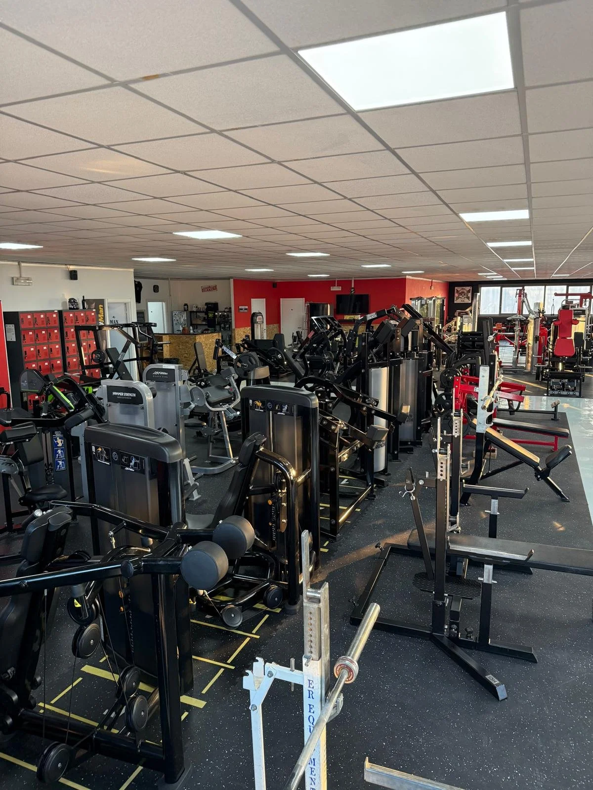 Sala attrezzi con varie macchine da palestra, come cyclette, macchina per sollevamenti e pesi, in un ambiente luminoso.