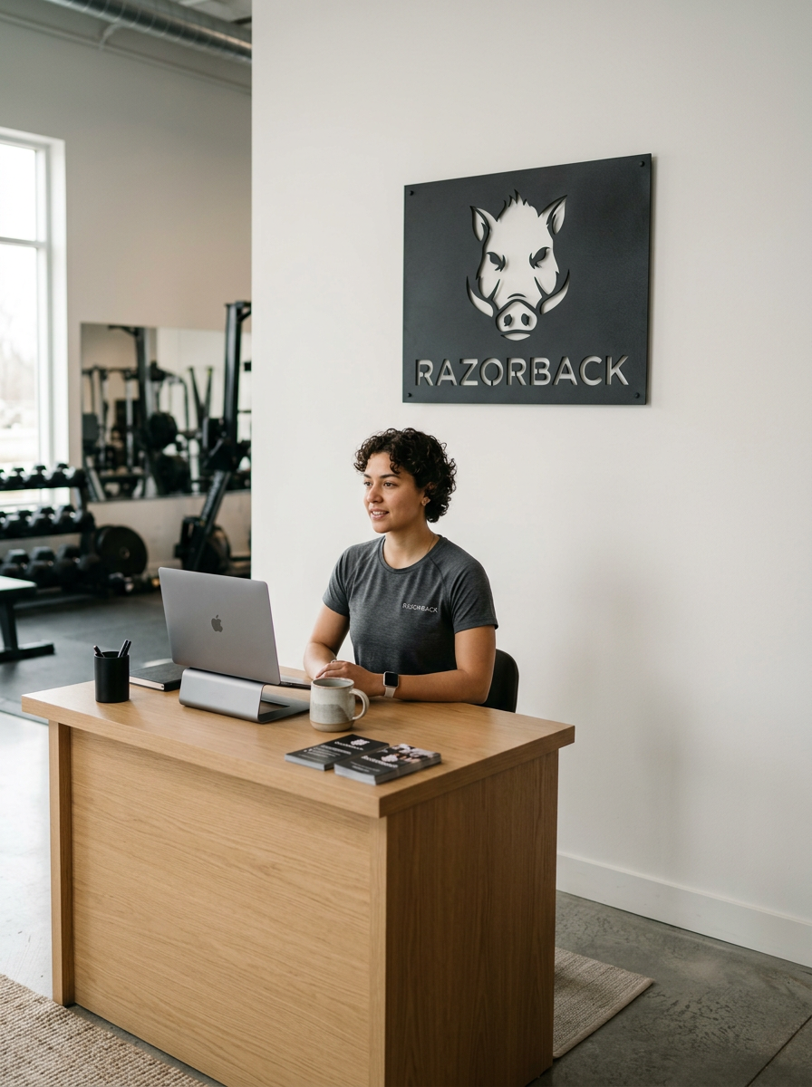 Una donna seduta a una scrivania in una palestra, davanti a un computer portatile, con il logo 'RAZORBACK' sopra di lei sulla parete.