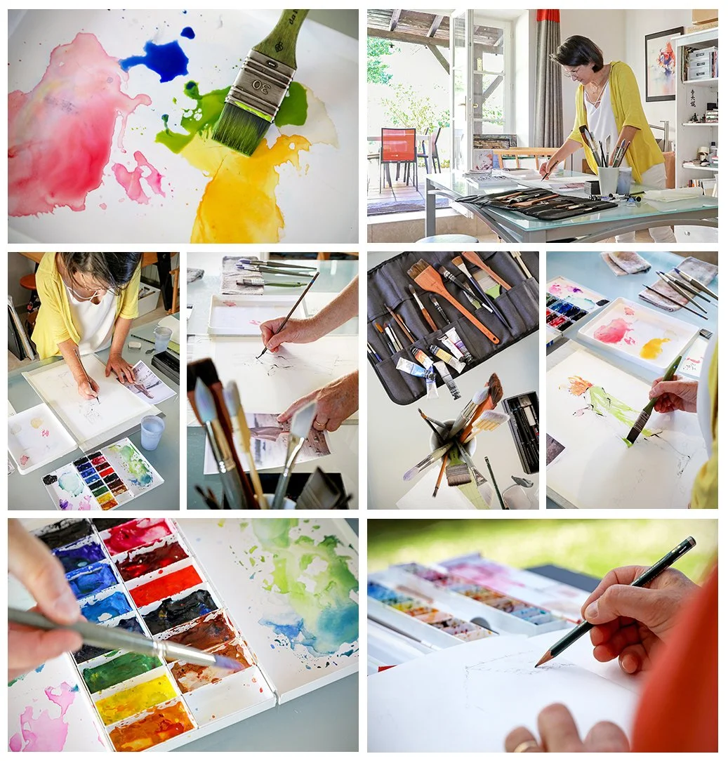 Reportage photographique dans l’atelier d’une artiste aquarelliste à Charly, entre création artistique, peinture à l’aquarelle et gestes du métier