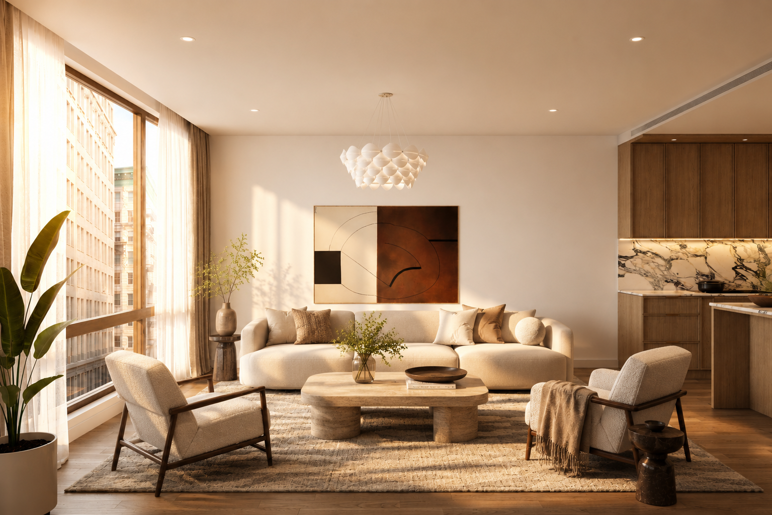 Modern living room with beige sofa, two armchairs, large window with curtains, potted plants, abstract wall art, and a kitchen area with marble backsplash.