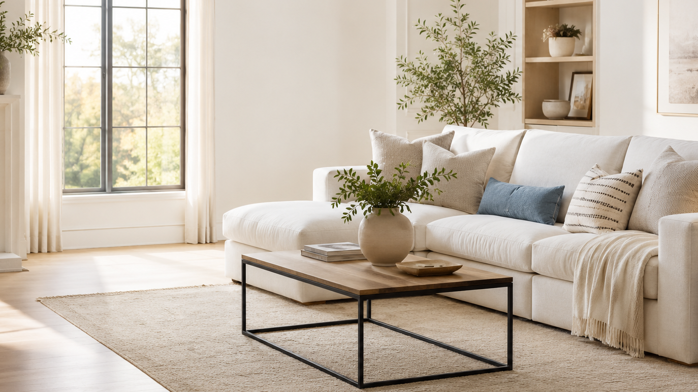 Bright living room with a white sofa, beige throw blanket, blue and patterned pillows, wooden coffee table with green plant in a beige vase, large window with white curtains, light wooden floor, and built-in shelves with decor.