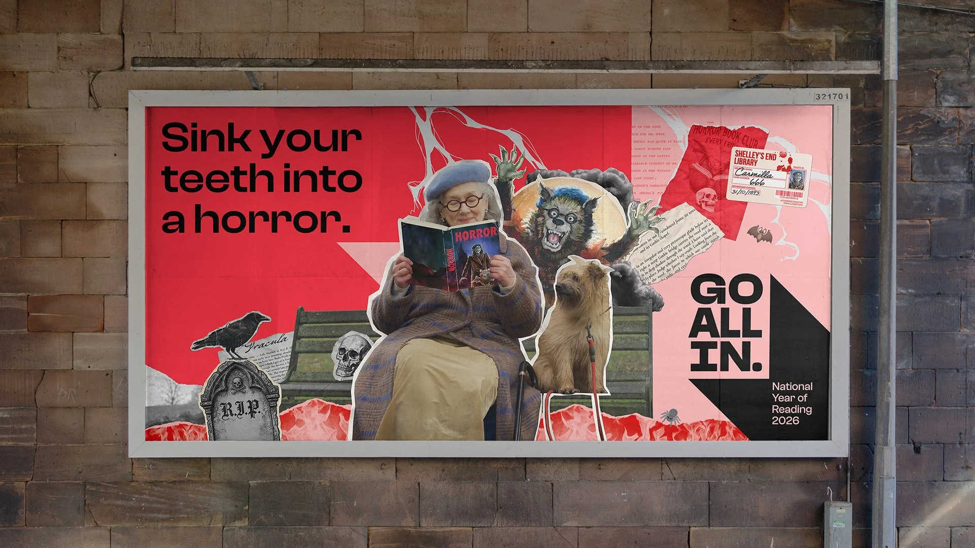 A woman in vintage clothing sitting on a park bench, reading a horror book titled 'Horror'. She has gray hair, round glasses, and is wearing a beret and coat. She is accompanied by a dog on a leash. The background features Halloween-themed decoration