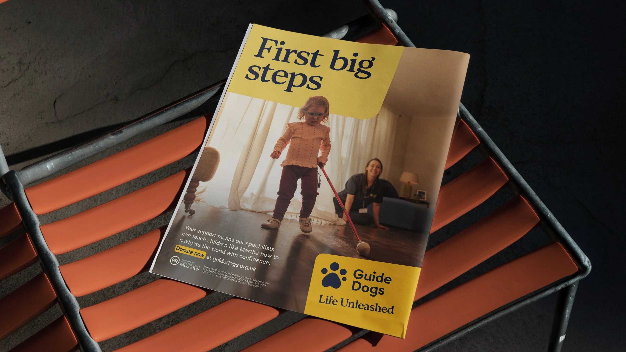 A pamphlet titled 'First big steps' on a bench highlighting guide dogs and their life-changing impact, featuring a young girl with guide dog training gear and a smiling woman in a living room.