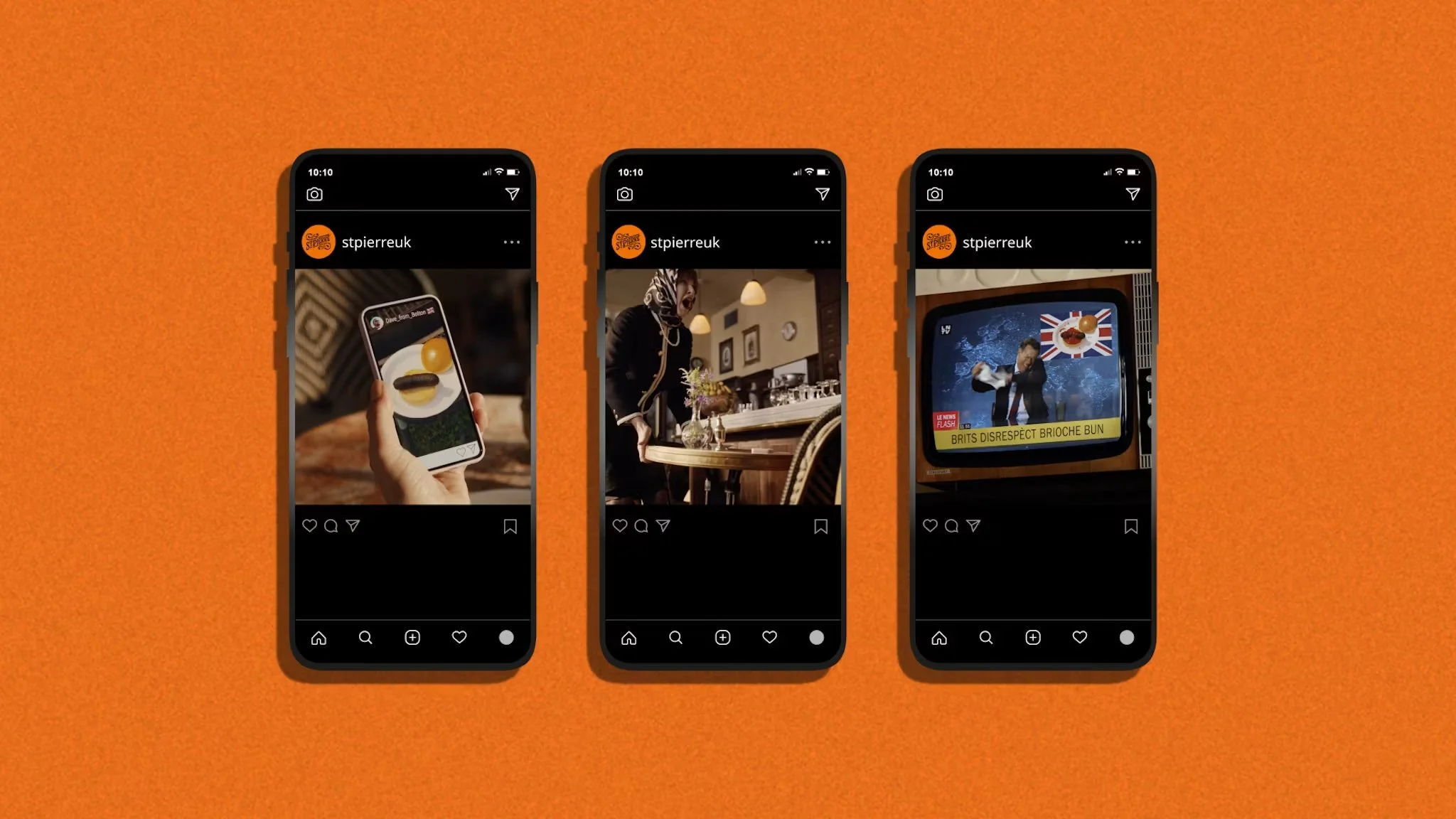Three smartphones displaying social media posts against an orange background.