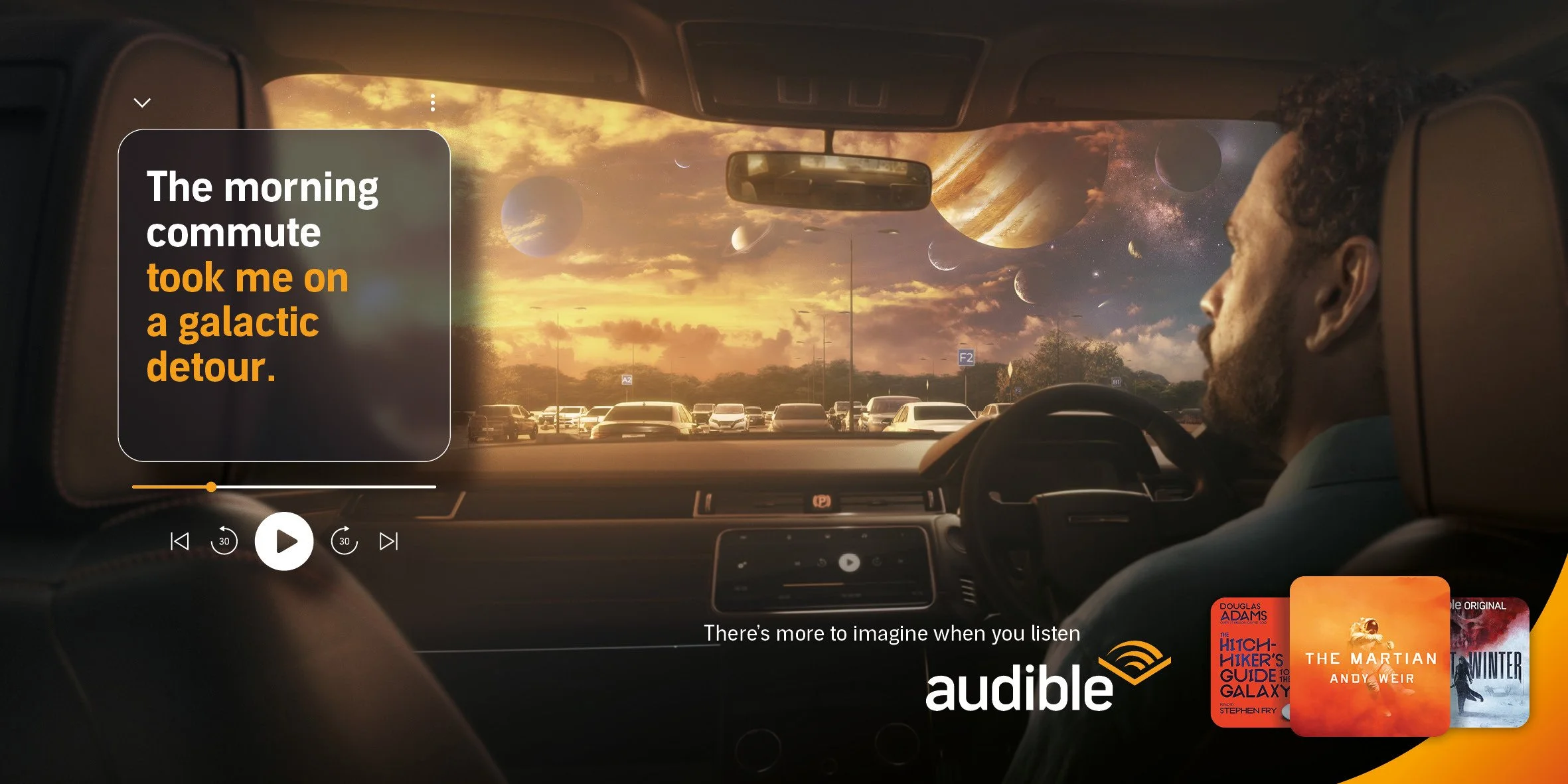 Inside a car looking out at an outer space scene with planets and a galaxy, with a parking lot and sunset sky visible through the windshield, featuring a man with curly hair driving, and a text overlay about a galactic detour on a morning commute.
