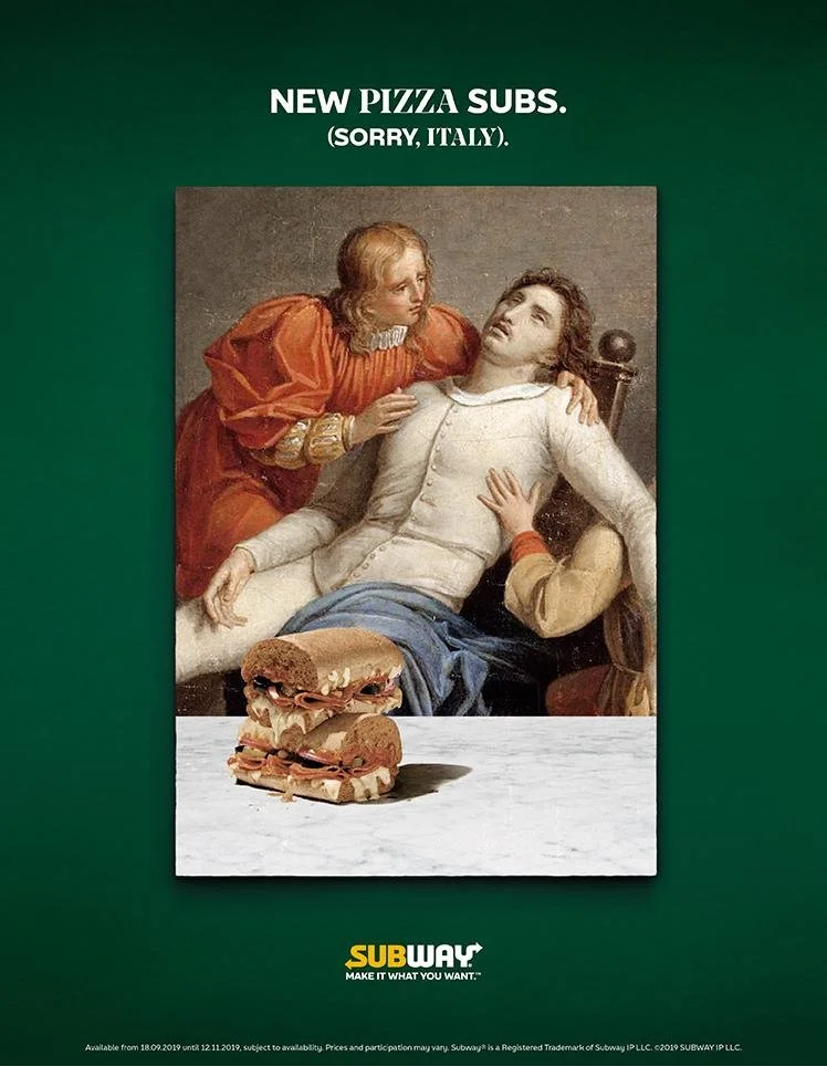 Subway poster with classical painting of a woman leaning over a man lying down, with three Subway sandwiches in front, and text about new pizza subs.