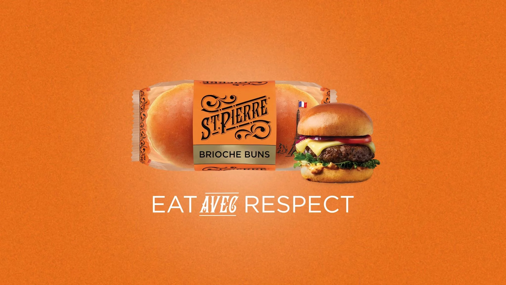Package of St. Pierre brioche buns and a cheeseburger with lettuce, tomato, cheese, and patty on a bun against an orange background with the text 'Eat with Respect'.