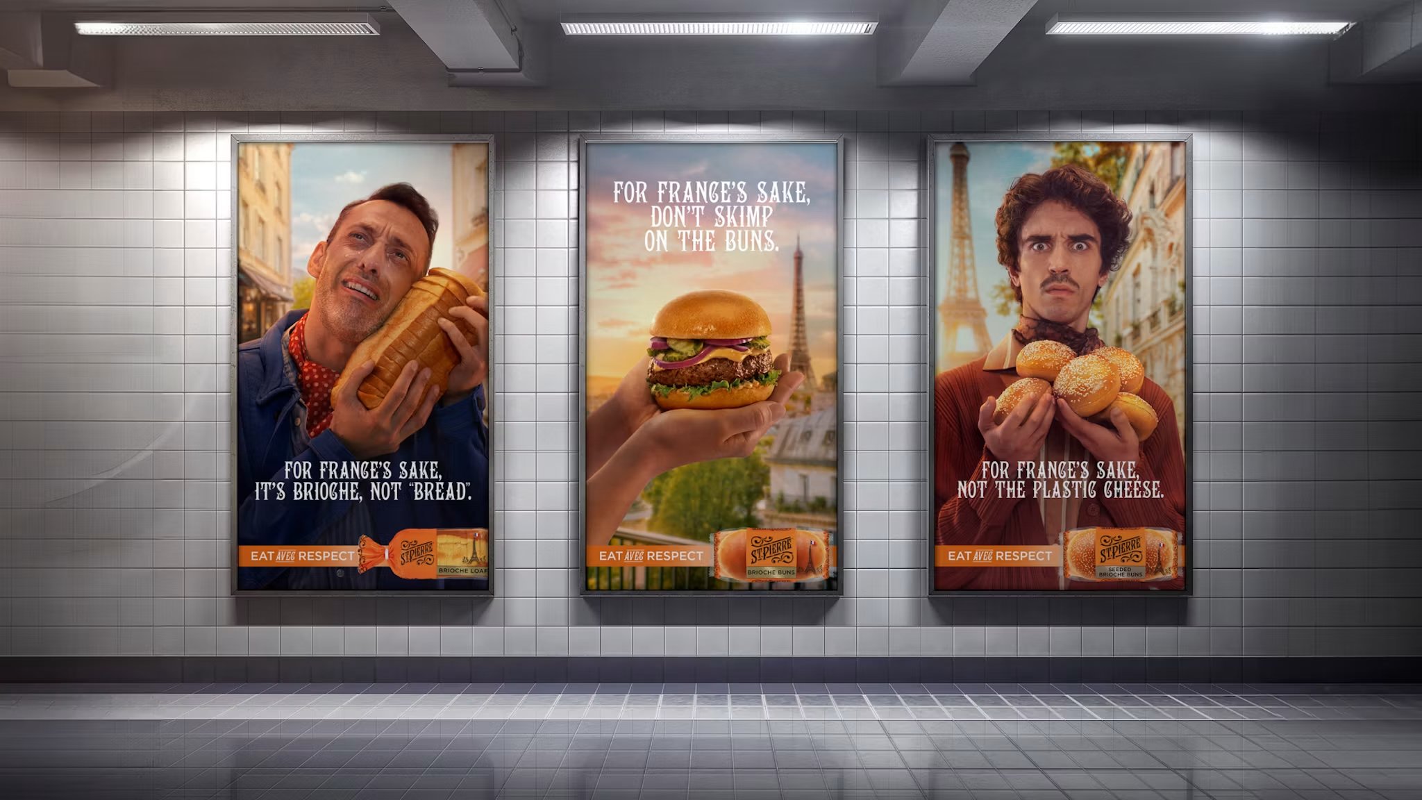 Three posters in a subway station promoting different types of bread, each with a humorous message about respecting food. The left poster features a man holding a loaf of bread with the text "For France's sake, it's brioche, not bread." The middle po
