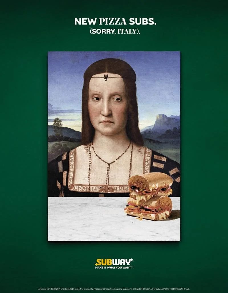 A Subway advertisement featuring a parody of Leonardo da Vinci's Mona Lisa with a sandwich in front, and text promoting new pizza subs from Subway.