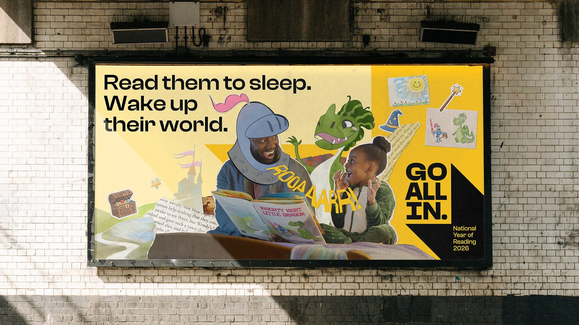 Celebratory billboard promoting reading to children during the National Year of Reading 2026, featuring children reading a book with cartoon and real elements, including a knight, a dragon, and magical drawings. The text reads: 'Read them to sleep. W