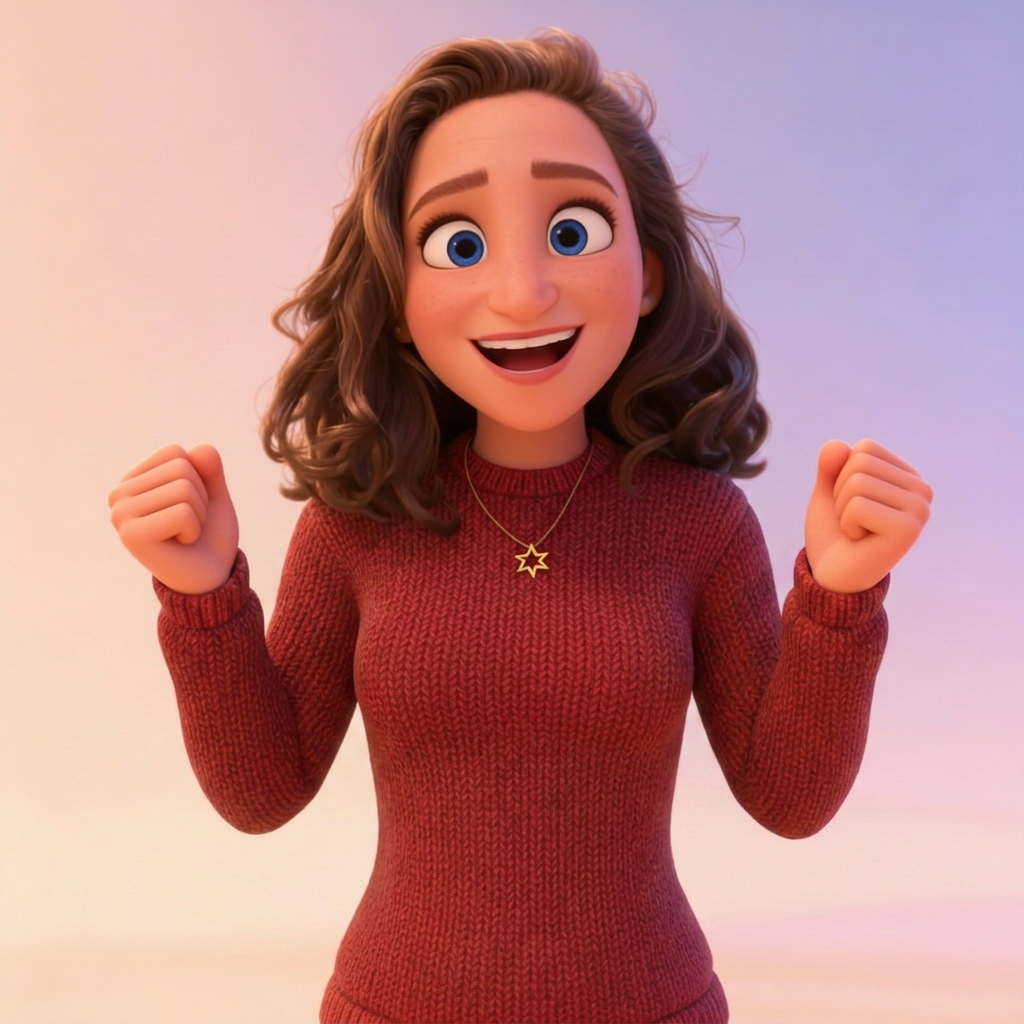Animated woman with curly brown hair, blue eyes, wearing a red sweater and a star necklace, smiling with fists clenched in excitement.