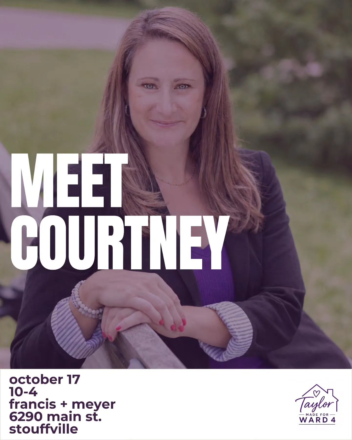 🏡 Meet Courtney, candidate for Ward 4
📅 October 17
⏰ 10&ndash;4
📍 Francis + Meyer | 6290 Main St., Stouffville

Plus, we&rsquo;re making it a Crafternoon! Bring the family, pop into the shop and make a friendship bracelet together. ✨

#TaylorMadef