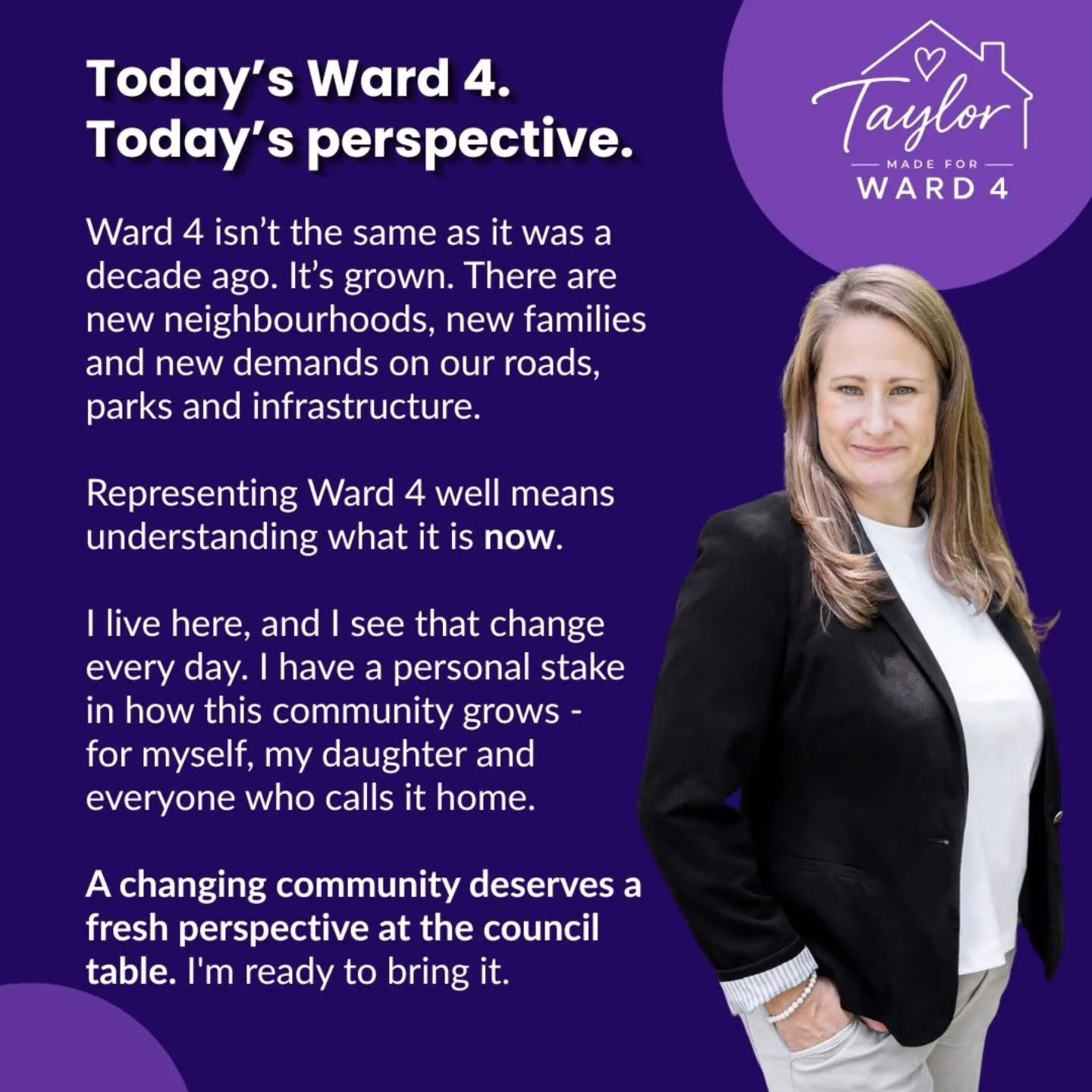 Living it. Ready to work for it. 💜 

#TaylorMadeForWard4
#Stouffville #WhitchurchStouffville #municipalelection2026