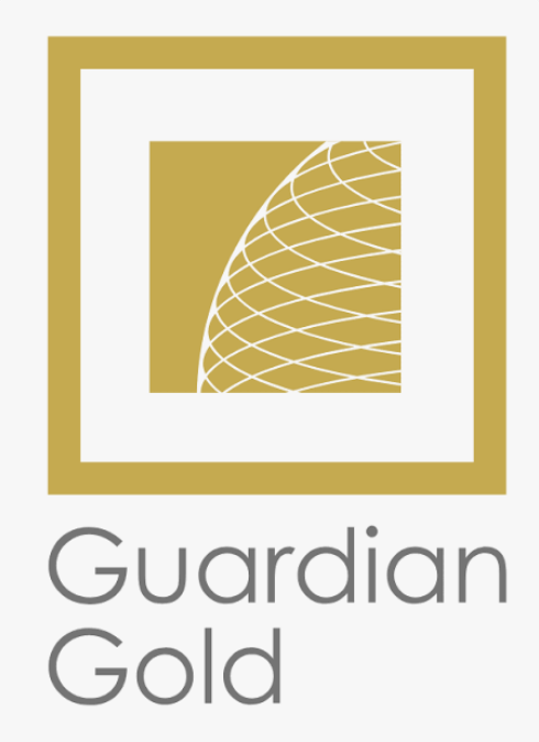 Logo with a gold square containing a white curved grid pattern and a white border, with the words "Guardian Gold" underneath.