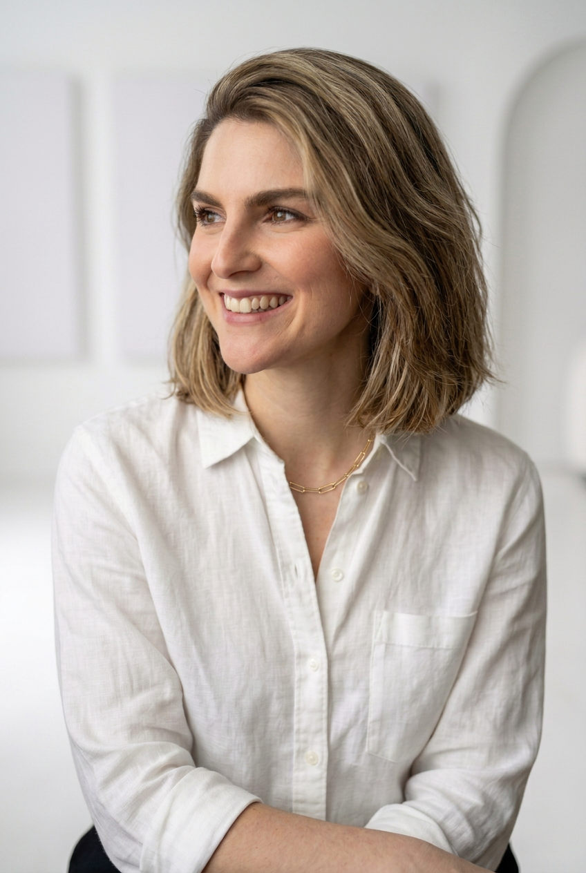 A woman with shoulder-length blonde hair, smiling, wearing a white button-up shirt and a gold necklace, sitting indoors with a blurred white background.