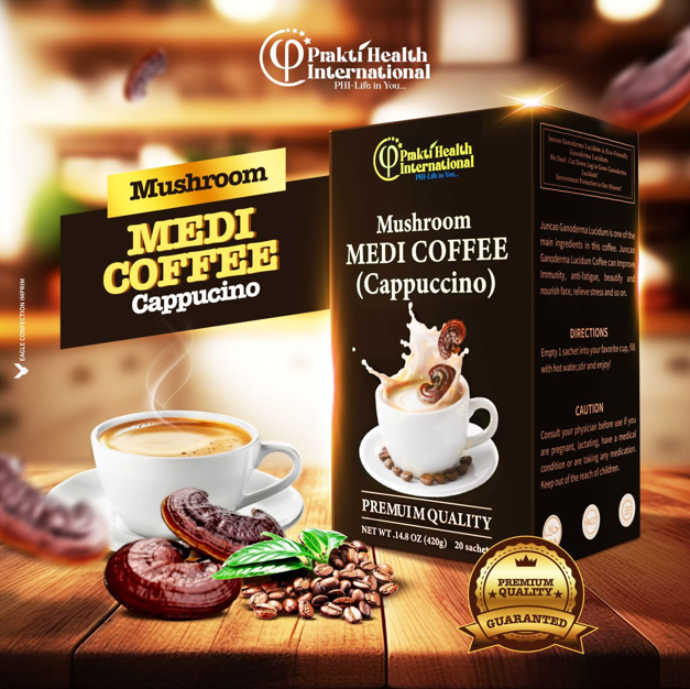 Boîte de mélange pour café méditerranéen aux champignons Medi Coffee Cappuccino, avec tasse de cappuccino, grains de café, et champignons, sur une table en bois.